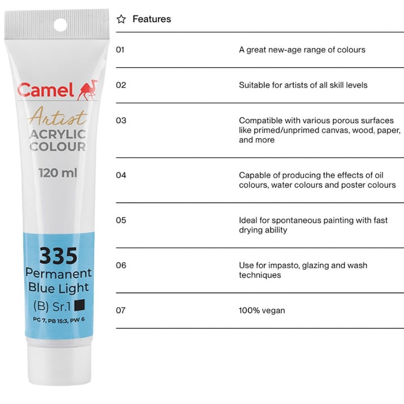 Camlin Camel Artist Acrylic Color 120ml Tube (Permanent Blue Light 335 S-1) - Image 3