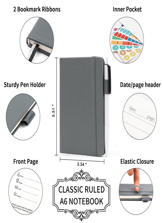 feela 3 Pack Pocket Notebook Journals with 3 Black Pens, A6 Mini Cute Small Journal Notebook Bulk Hardcover College Ruled Notepad with Pen Holder for Office School Supplies, 3.5”x 5.5”, Gray - Image 2
