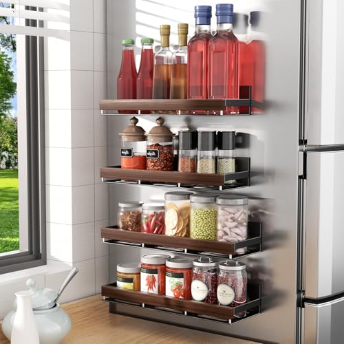 DEMEGA Walnut Magnetic Spice organizer for Refrigerator Wall Mount Spice Rack Magnetic Fridge Shelf Spice Jar Seasoning Organizer (Walnut 4 Pack) - Image 1