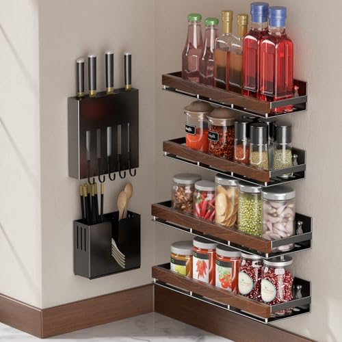 DEMEGA Walnut Magnetic Spice organizer for Refrigerator Wall Mount Spice Rack Magnetic Fridge Shelf Spice Jar Seasoning Organizer (Walnut 4 Pack) - Image 5