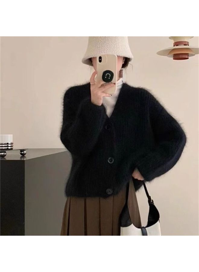 Leyuan Autumn Winter New Faux Mink Velvet Solid Color V-neck Knitted Cardigan Long Sleeve Coat Loose Lazy Style Women's Sweater - Image 1
