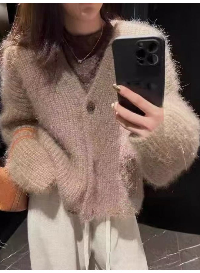 Leyuan Autumn Winter New Faux Mink Velvet Solid Color V-neck Knitted Cardigan Long Sleeve Coat Loose Lazy Style Women's Sweater - Image 2