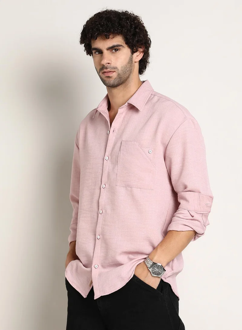 Campus Sutra Men's Rose Pink Modular Solid Oversized Shirt