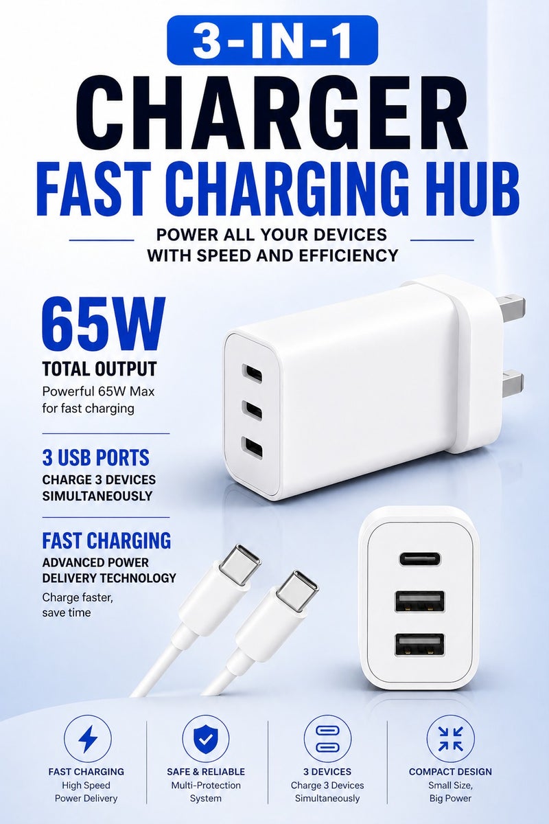 شاحن حائط USB-C PD بقوة 65 واط - محول طاقة سريع الشحن لأجهزة iPhone وXiaomi وHuawei وSamsung وغيرها. صغير الحجم، فعال، وعالمي. - Image 1