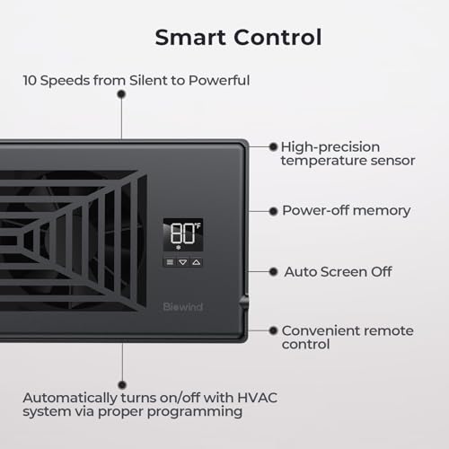 BIOWIND Quiet Register Booster Fan Fits 4" x 10" Register Holes, 10-Speed Smart Heating Cooling AC Vent Fan with Remote Control and Thermostat Control - Black - Image 4