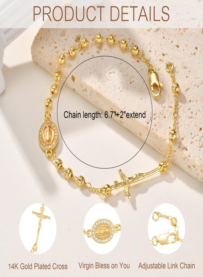 XUANPAI Women's Gold Virgin Mary Bracelet - 14k Gold Plated Rosary Bead Cross Bracelets,Hypoallergenic Non Tarnish Religious Rosarios Catolicos Virgen de Guadalupe Jewelry,Catholic Baptism Gifts for Her - Image 4