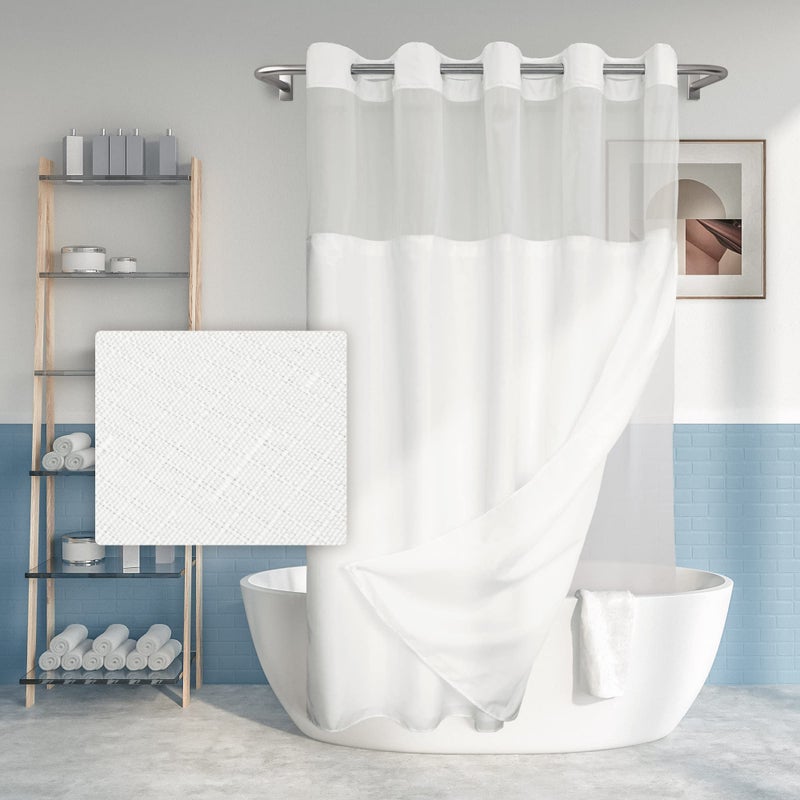 Long No Hook Slub Textured Shower Curtain with Snapin PEVA Liner Set 71 x 7775 Hotel Style with See Through Top Window Fabric Curtain Waterproof Liner White 71x77
