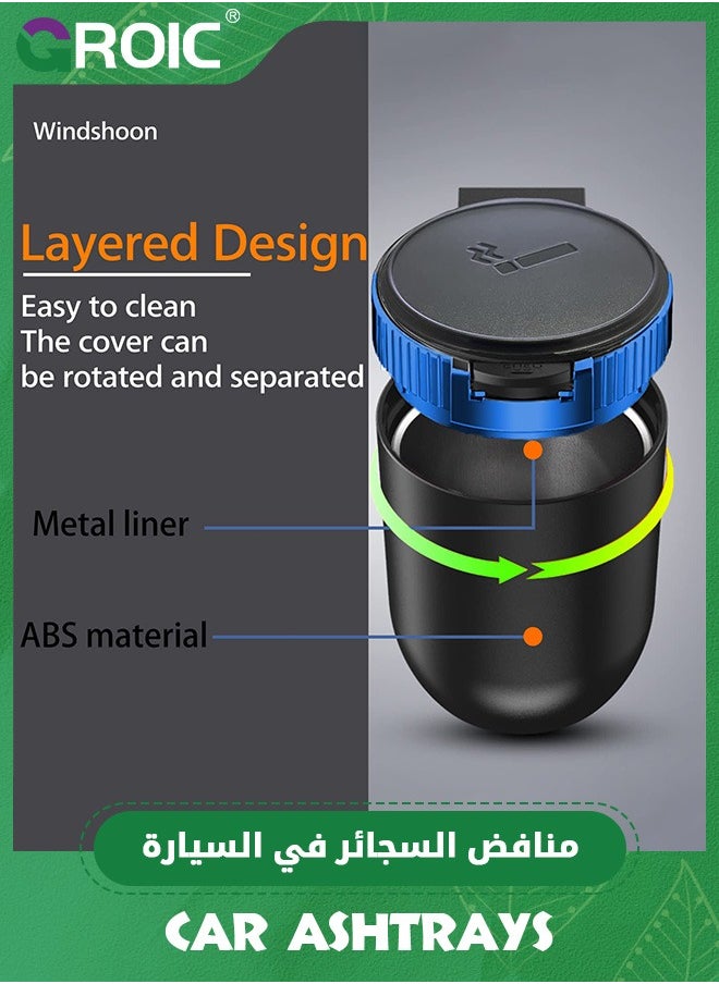 GROIC منفضة سجائر السيارة مع غطاء، حامل أسطواني محمول مع ضوء LED أزرق وحامل أكواب أسطواني، سلة مهملات صغيرة للسيارة لحامل أكواب معظم السيارات، منفضة سجائر محمولة للسيارة، صينية رماد  - Image 4