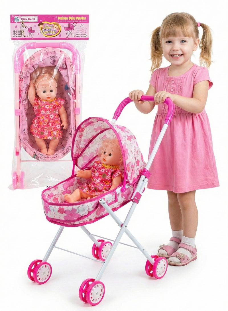 Baby Doll Stroller & Carrier Set – Foldable Pink Floral Toy Pram for Kids | Lightweight Metal Pushchair with Matching Portable Bassinet | Nursery Role Play Gift for Toddlers & Girls 3+ | Fits Most 18-Inch Dolls - Image 1