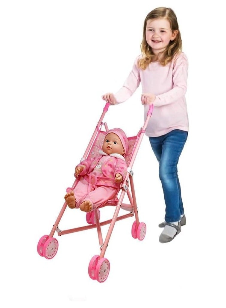 Baby Doll Stroller & Carrier Set – Foldable Pink Floral Toy Pram for Kids | Lightweight Metal Pushchair with Matching Portable Bassinet | Nursery Role Play Gift for Toddlers & Girls 3+ | Fits Most 18-Inch Dolls - Image 3
