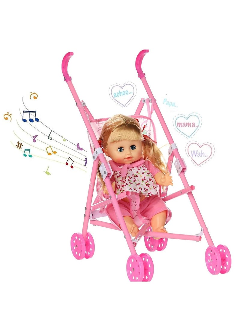 Baby Doll Stroller & Carrier Set – Foldable Pink Floral Toy Pram for Kids | Lightweight Metal Pushchair with Matching Portable Bassinet | Nursery Role Play Gift for Toddlers & Girls 3+ | Fits Most 18-Inch Dolls - Image 4