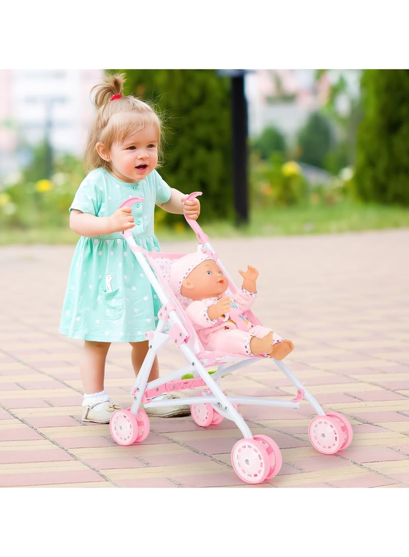 Baby Doll Stroller & Carrier Set – Foldable Pink Floral Toy Pram for Kids | Lightweight Metal Pushchair with Matching Portable Bassinet | Nursery Role Play Gift for Toddlers & Girls 3+ | Fits Most 18-Inch Dolls - Image 5