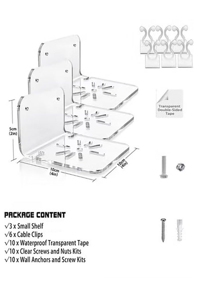 Clear Acrylic Wall Shelf 3 Pack for Smart Security Cameras, Baby & Pet Monitors, Small Floating Shelf for Plants, Speaker, Dog Camera, with Cable Clips - Image 2