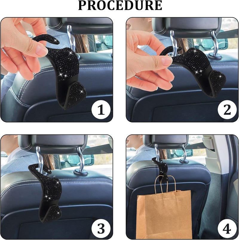 Dermasy 2 Pack Car Hooks, 2021 New Bling Rhinestones Crystal Hooks Car Decorations Auto Seat Back Organizers Strong and Durable Backseat Hanger Storage Universal for SUV Truck Vehicle (Black) - Image 4