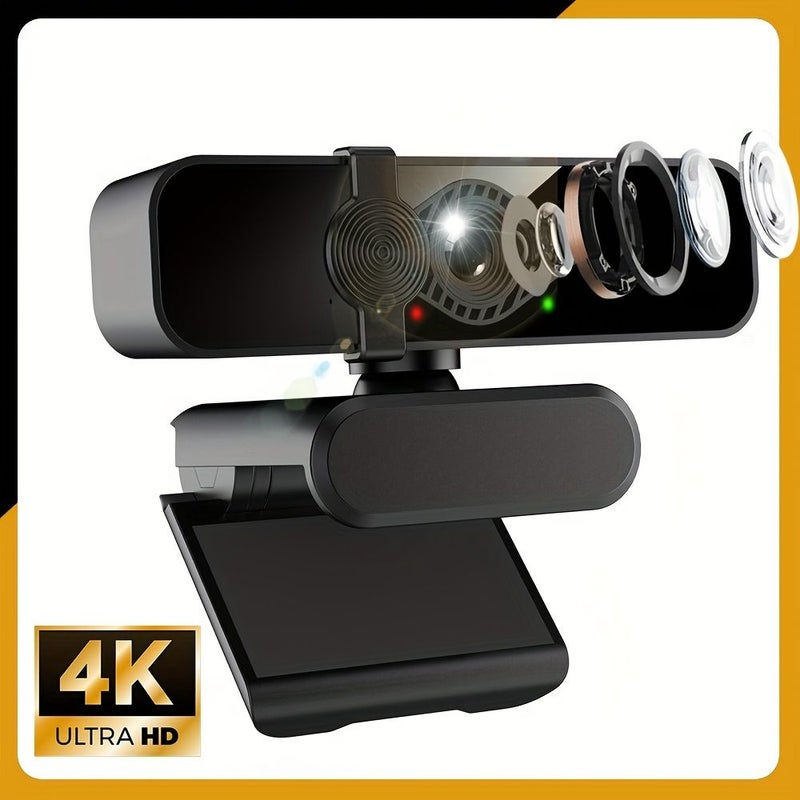 كاميرا شبكية بدقة 4K مع غطاء خاص للخصوصية وميكروفون مدمج وقاعدة دوارة 360 درجة، تعمل بالاتصال والتشغيل الفوري مع الكمبيوتر واللابتوب للبث المباشر والمؤتمرات عبر الإنترنت، تعمل بتغذية USB ولا تحتاج إلى بطارية، الكمية: 1. - Image 1