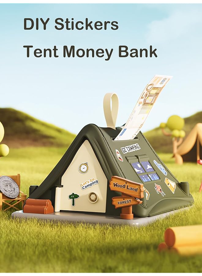 إيروريكس حصالة نقود على شكل خيمة لطيفة، حصالة نقود معدنية، صندوق توفير نقود، هدايا للأطفال، حصالة نقود بلاستيكية غير قابلة للكسر، حصالة نقود إبداعية، لعبة مع مفاتيح، ملصقات، ديكور منزلي للأطفال، بنات، أولاد، أخضر - Image 4
