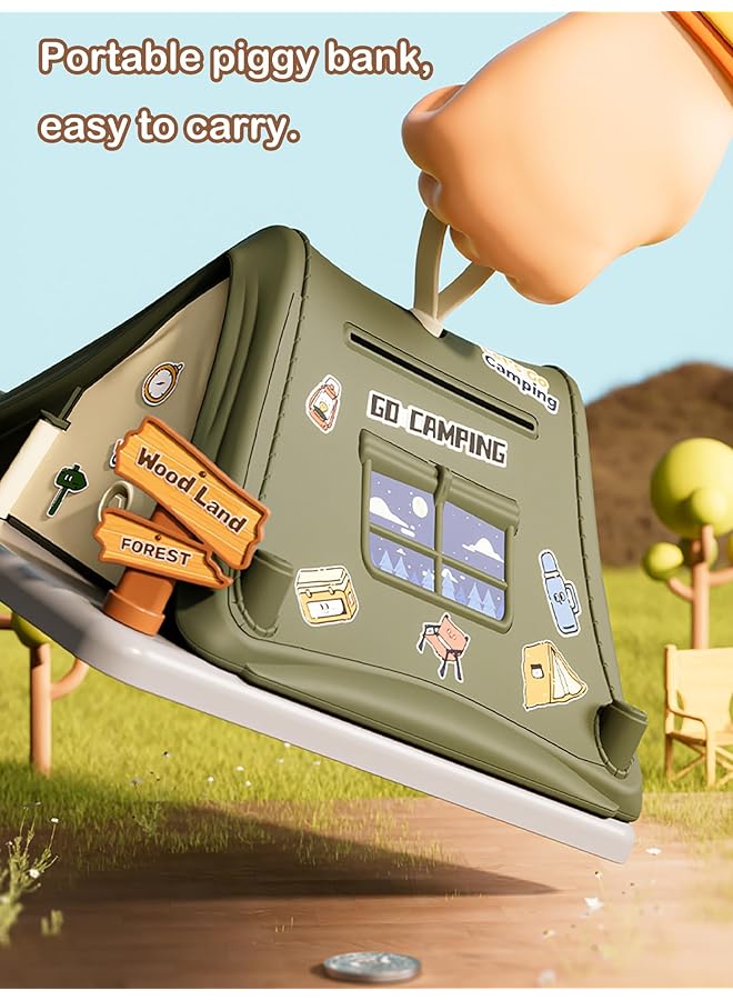إيروريكس حصالة نقود على شكل خيمة لطيفة، حصالة نقود معدنية، صندوق توفير نقود، هدايا للأطفال، حصالة نقود بلاستيكية غير قابلة للكسر، حصالة نقود إبداعية، لعبة مع مفاتيح، ملصقات، ديكور منزلي للأطفال، بنات، أولاد، أخضر - Image 2