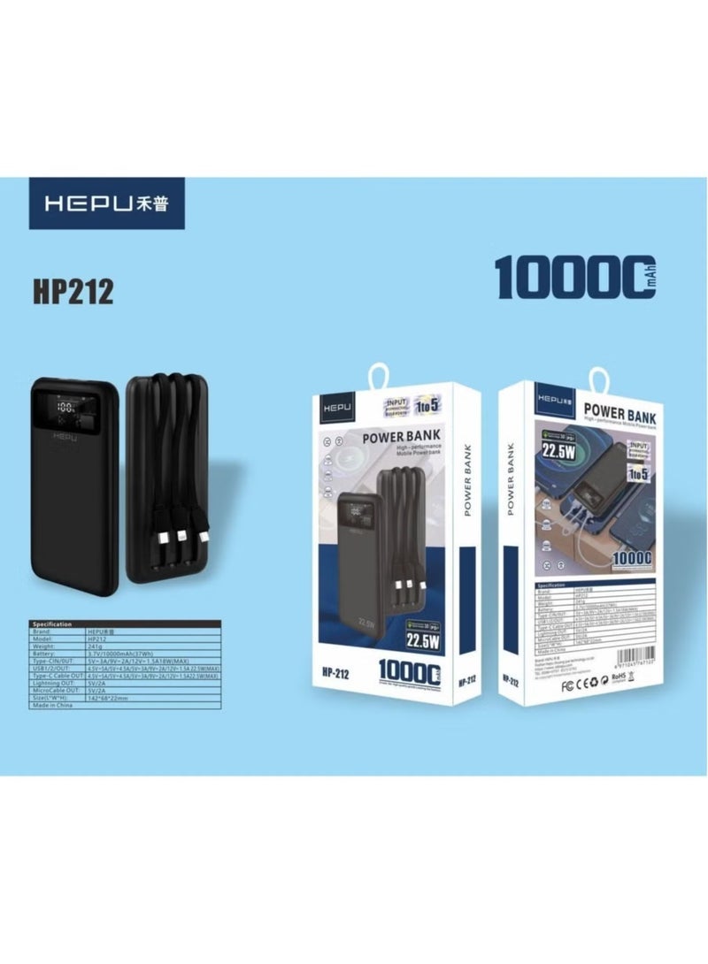 HEPU HP-212 10000mAh Power Bank – High-Capacity Portable Charger with PD & QC 22.5W Fast Charging, Dual USB & Type-C Ports, Lightweight and Travel-Friendly Design – Ideal for Smartphones, Tablets, and USB Devices - Image 4