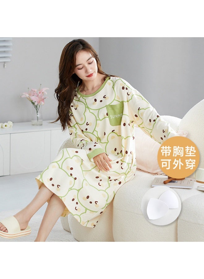 Women's Autumn Winter Cotton Nightgown With Chest Pad Long Sleeve Sleepwear Cute Cartoon Loose-Fit Homewear Outer Wear - Image 1