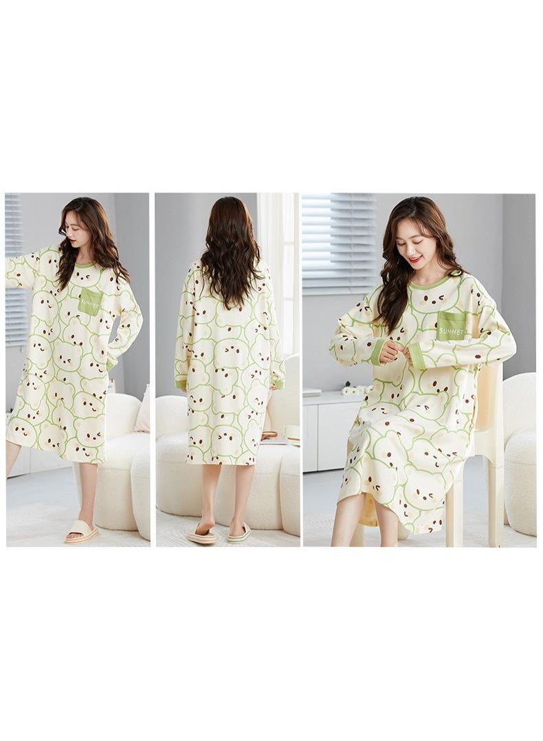 Women's Autumn Winter Cotton Nightgown With Chest Pad Long Sleeve Sleepwear Cute Cartoon Loose-Fit Homewear Outer Wear - Image 2