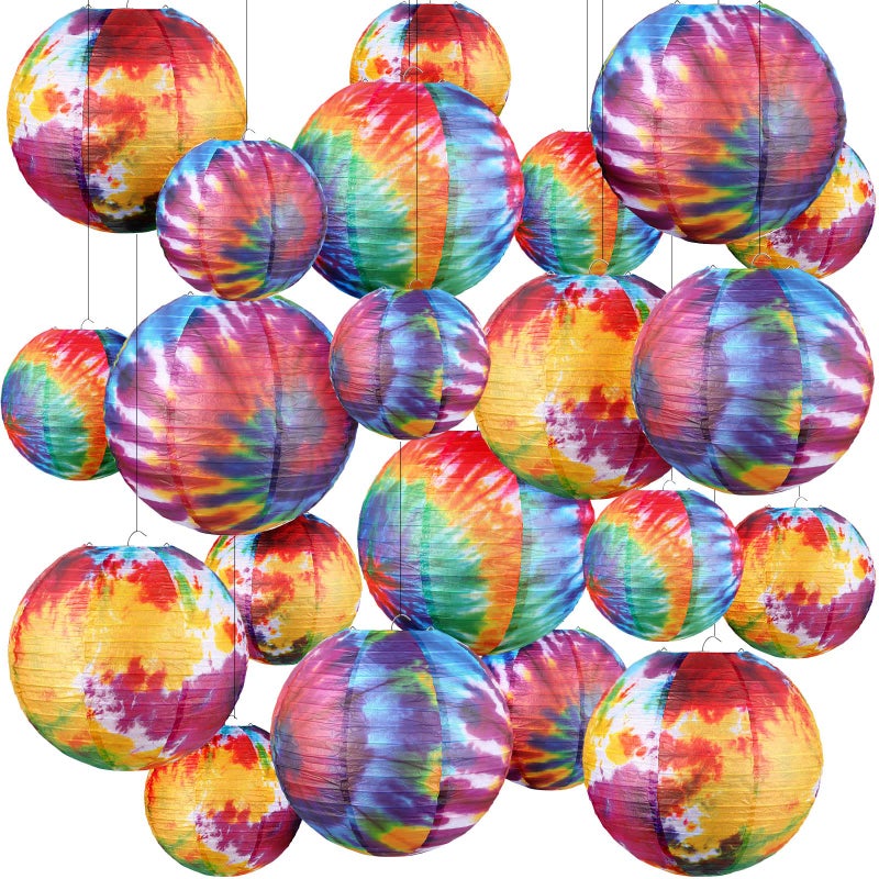 Riakrum 20 Pcs Tie Dyed Groovy Paper Lanterns Chinese Japanese Lanterns Groovy Party Decorations Tie Dye Party Supplies Classroom Hanging Ceiling Decorations for Home Decor Parties Weddings 12 Inch 6 Inch - Image 1