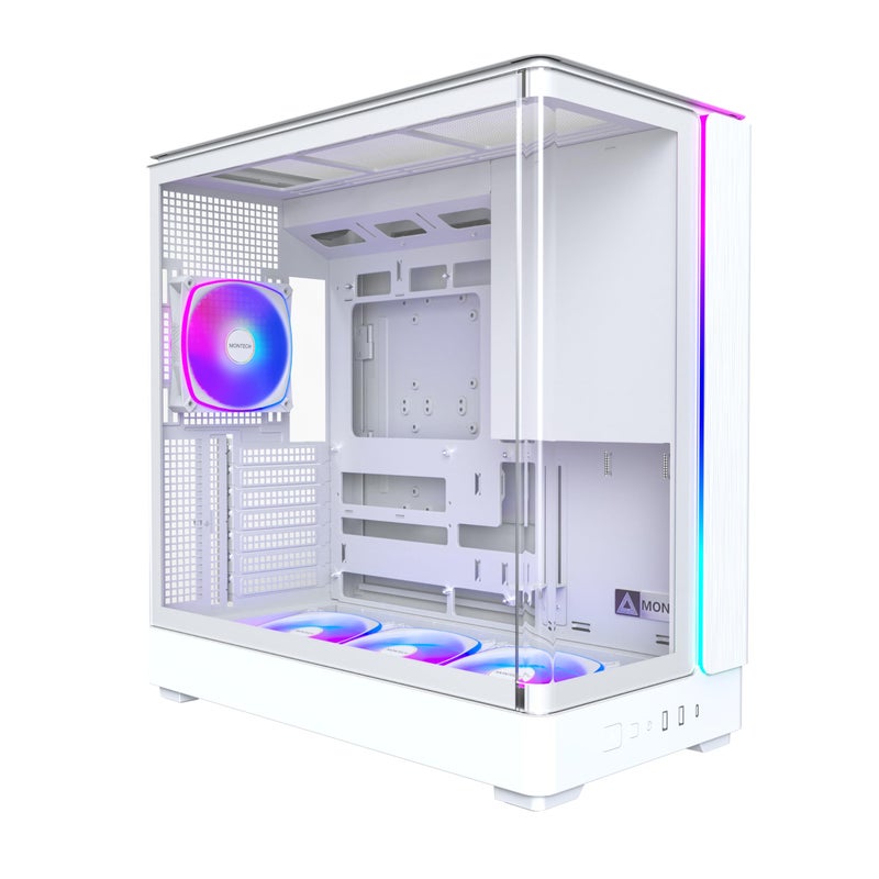 MONTECH King 45 PRO ATX PC Case, Curved Panoramic Glass, Chimney Airflow, 360mm Radiator Support, Compact Build for High-Performance Systems, 4 ARGB PWM Fan Pre-Installed with Fan Hub, White - Image 1