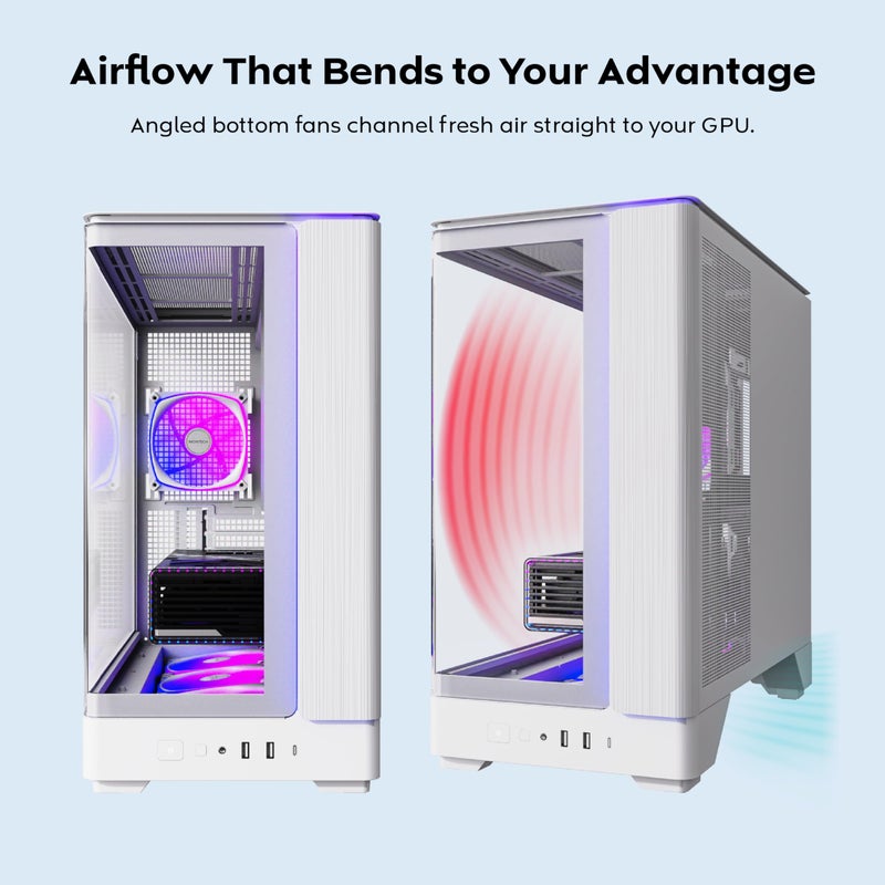 MONTECH King 45 PRO ATX PC Case, Curved Panoramic Glass, Chimney Airflow, 360mm Radiator Support, Compact Build for High-Performance Systems, 4 ARGB PWM Fan Pre-Installed with Fan Hub, White - Image 2