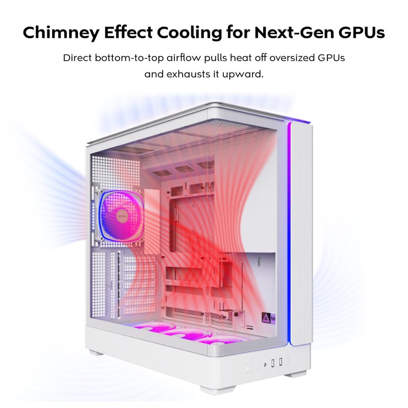 MONTECH King 45 PRO ATX PC Case, Curved Panoramic Glass, Chimney Airflow, 360mm Radiator Support, Compact Build for High-Performance Systems, 4 ARGB PWM Fan Pre-Installed with Fan Hub, White - Image 3