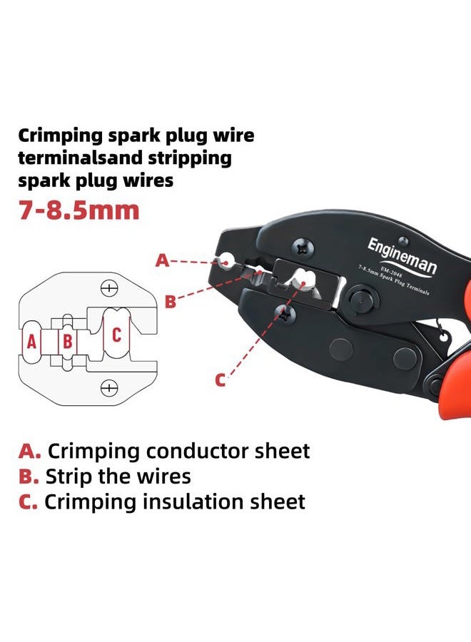 ENGINEMAN Spark Plug Wire Crimping Tool Kit, Ratchet Spark Plug Crimper for Crimping and Stripping Plug, 26PCS 180 °/90 °/Straight Spark Plug Coil Terminals and 24PCS Terminals Boots - Image 4
