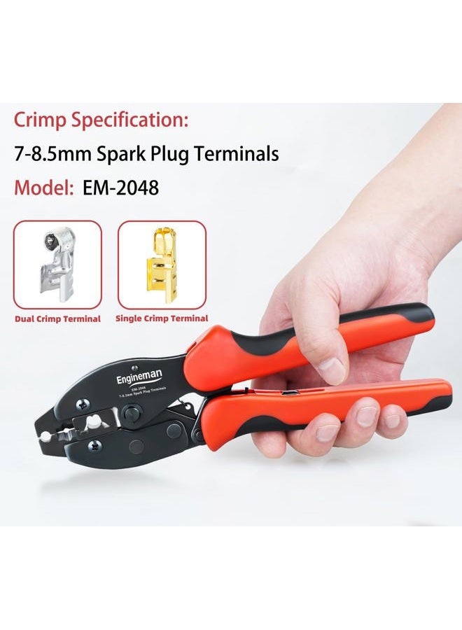 ENGINEMAN Spark Plug Wire Crimping Tool Kit, Ratchet Spark Plug Crimper for Crimping and Stripping Plug, 26PCS 180 °/90 °/Straight Spark Plug Coil Terminals and 24PCS Terminals Boots - Image 2