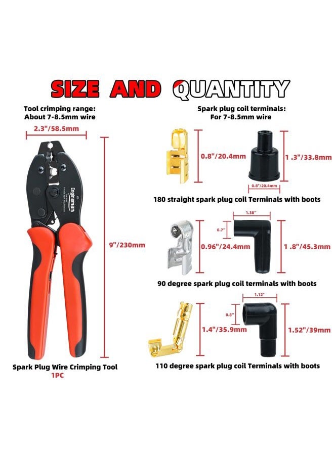 ENGINEMAN Spark Plug Wire Crimping Tool Kit, Ratchet Spark Plug Crimper for Crimping and Stripping Plug, 26PCS 180 °/90 °/Straight Spark Plug Coil Terminals and 24PCS Terminals Boots - Image 5