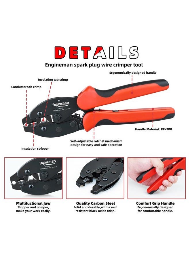 ENGINEMAN Spark Plug Wire Crimping Tool Kit, Ratchet Spark Plug Crimper for Crimping and Stripping Plug, 26PCS 180 °/90 °/Straight Spark Plug Coil Terminals and 24PCS Terminals Boots - Image 3