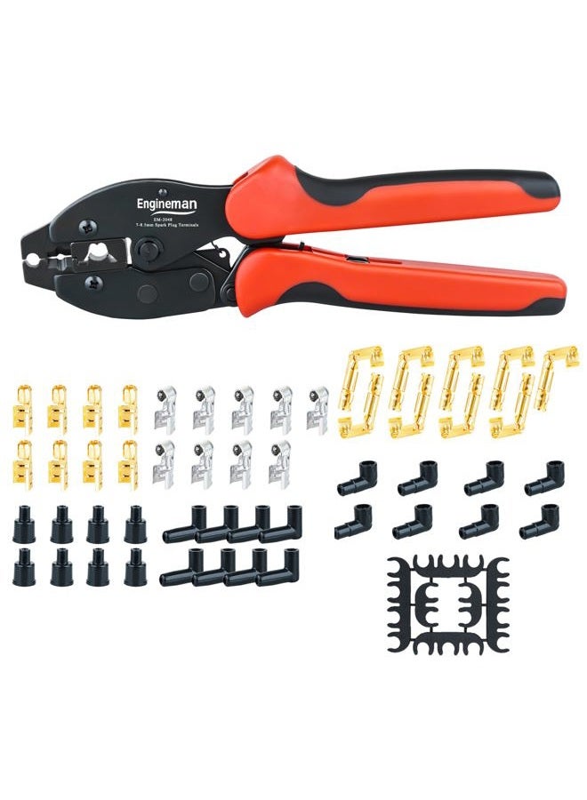 ENGINEMAN Spark Plug Wire Crimping Tool Kit, Ratchet Spark Plug Crimper for Crimping and Stripping Plug, 26PCS 180 °/90 °/Straight Spark Plug Coil Terminals and 24PCS Terminals Boots - Image 1