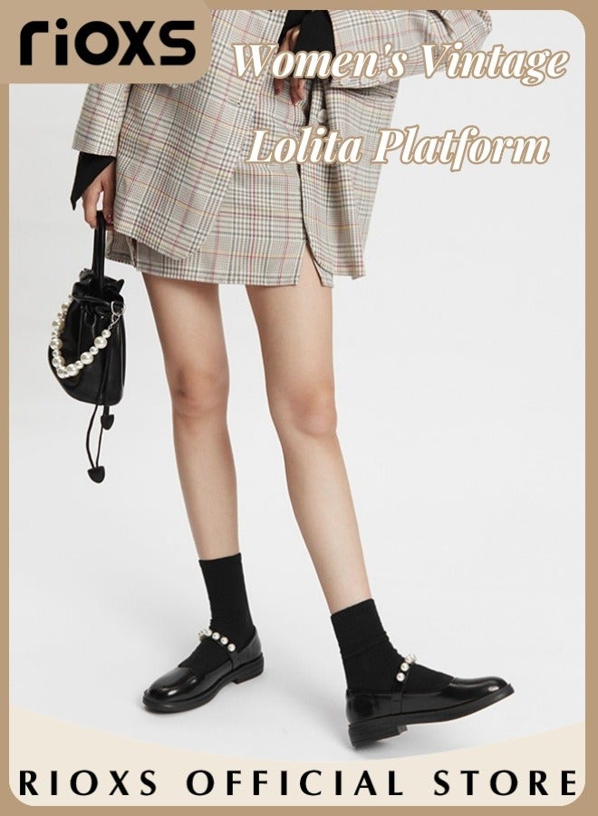 RIOXS Women's Mary Jane Flat Shoes, Vintage Patent Leather Round Toe Dress Shoes with Pearl Ankle Strap, Lightweight Anti-slip Oxford Shoes Casual Buckle Ankle Strap Mary Janes for Party, Prom, Dating, Shopping and More, Black - Image 3