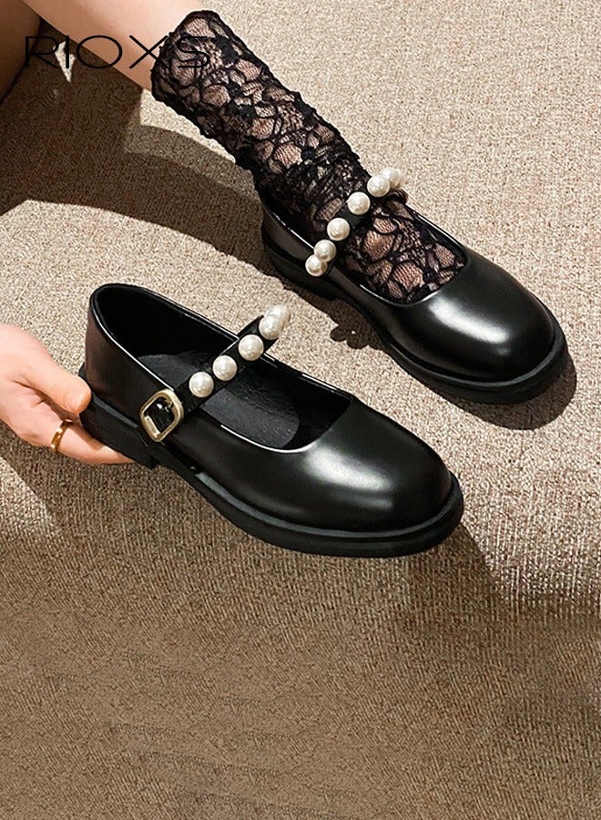 RIOXS Women's Mary Jane Flat Shoes, Vintage Patent Leather Round Toe Dress Shoes with Pearl Ankle Strap, Lightweight Anti-slip Oxford Shoes Casual Buckle Ankle Strap Mary Janes for Party, Prom, Dating, Shopping and More, Black - Image 1