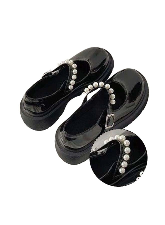 RIOXS Women's Mary Jane Flat Shoes, Vintage Patent Leather Round Toe Dress Shoes with Pearl Ankle Strap, Lightweight Anti-slip Oxford Shoes Casual Buckle Ankle Strap Mary Janes for Party, Prom, Dating, Shopping and More, Black - Image 2