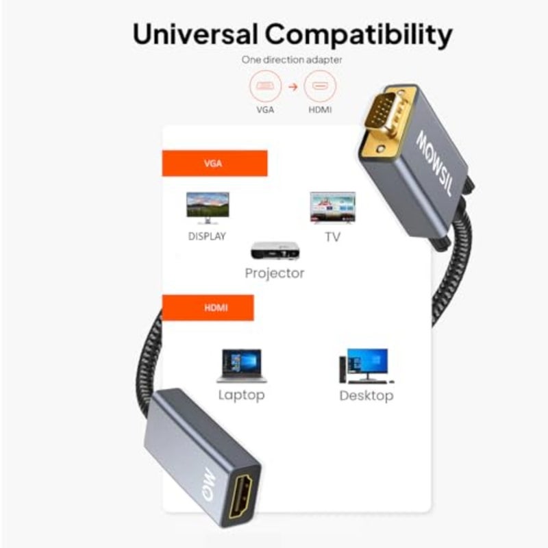 VGA to HDMI Adapter for PC Laptop Projector Full HD 1080p@60Hz Active Converter with Gold-Plated Connector and Aluminum Alloy Shell - Image 3