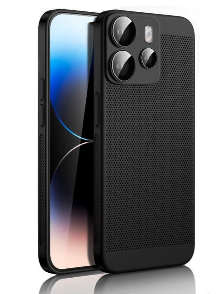 Heat Dissipation Case with Built in Camera Lens Protector Slim Fit Breathable Cooling Anti Fingerprint Hard PC Back Shockproof Cover For Xiaomi Redmi Note 14 4G (Black)