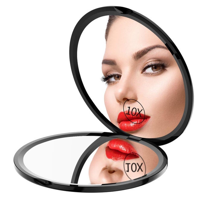 POCKET MAKEUP MIRROR FOR TRAVEL 1X10X DOUBLE SIDED MAGNIFYING COMPACT HANDBAG COSMETIC MIRROR 4 INCH ULTRATHIN HANDHELD ROUND FOLDABLE PORTABLE MIRROR FOR WOMEN BLACK