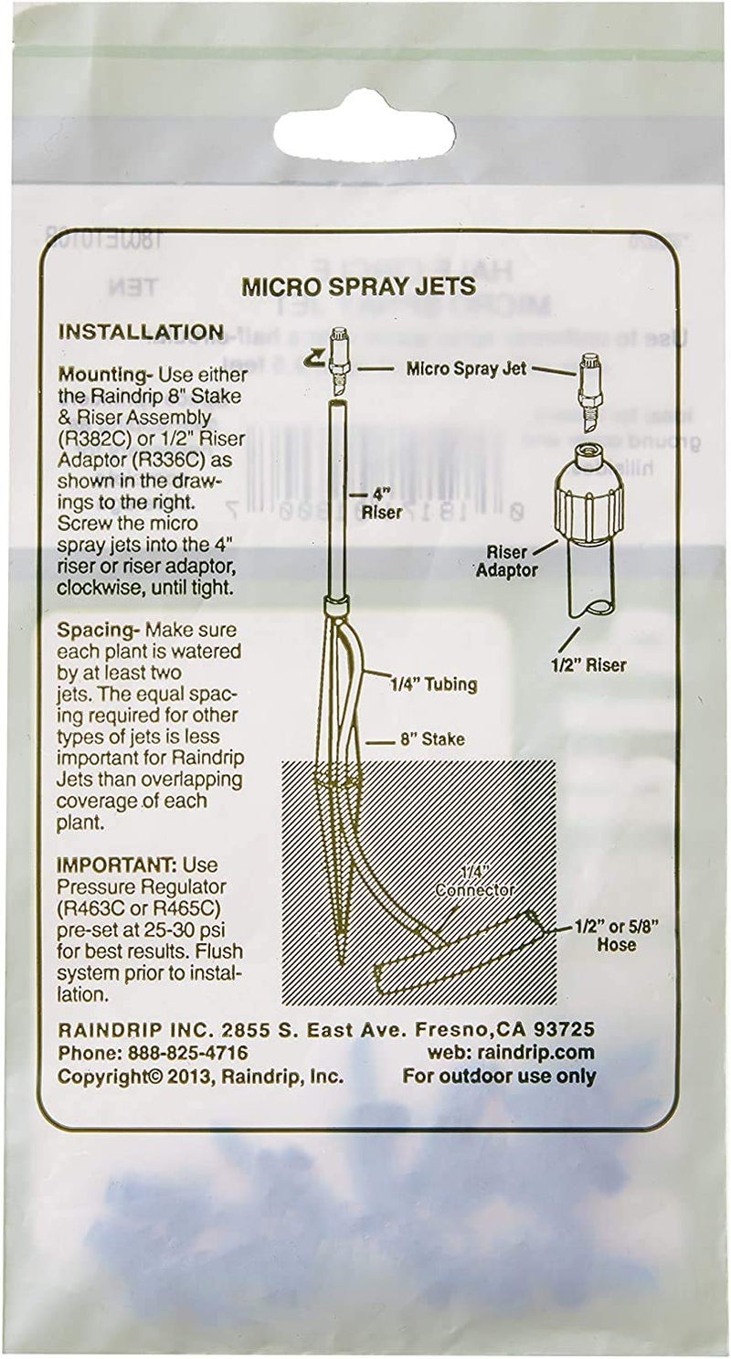 Raindrip 180JET010B, Micro Spray Jet, Half-Circle Pattern, Fan Spray, with 10-32 Threaded Inlet, Drip Irrigation Emitters for Drip Irrigation Gardening Systems, 10-Pack, Blue - Image 5