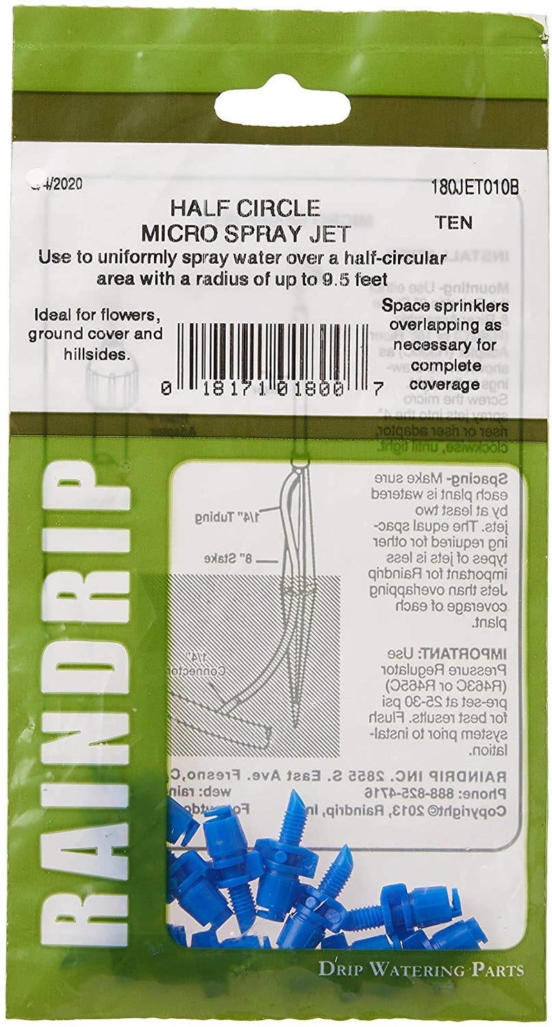 Raindrip 180JET010B, Micro Spray Jet, Half-Circle Pattern, Fan Spray, with 10-32 Threaded Inlet, Drip Irrigation Emitters for Drip Irrigation Gardening Systems, 10-Pack, Blue - Image 4