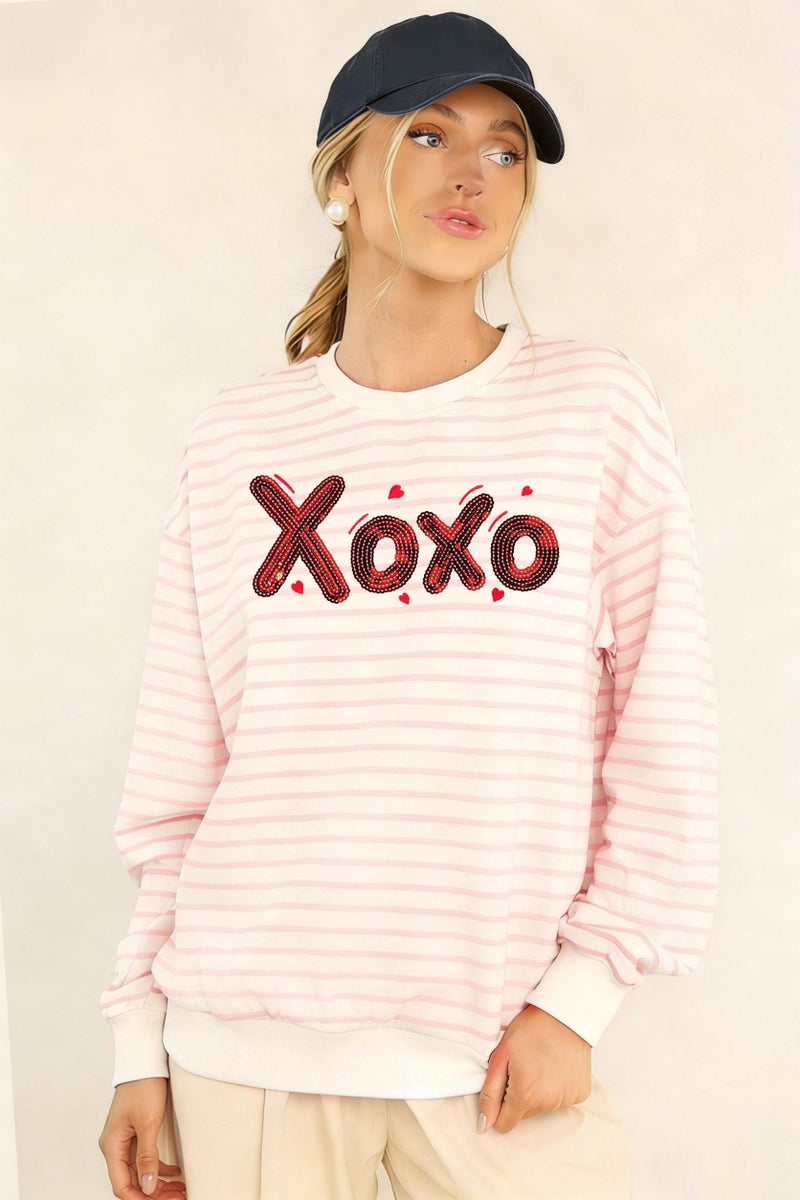 FASHGL Valentines Sweatshirt Women Love Heart Print Shirt Valentine Sweater Casual Striped Pullover Blouse Long Sleeve Top Pink - Image 3