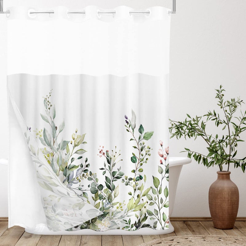 Tititex No Hooks Snap in Liner Green Eucalyptus Leaves Shower Curtain Sets, Hotel Luxury Double Layers Waterproof Fabric & See-Through Top Window Bathroom Decorative 72x72 Inch - Image 1