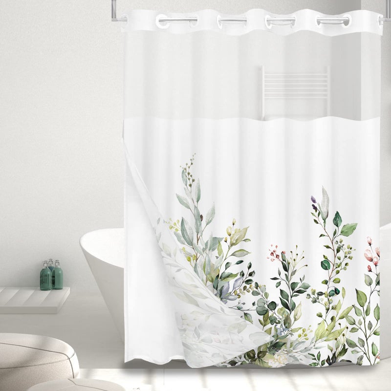 Tititex No Hooks Snap in Liner Green Eucalyptus Leaves Shower Curtain Sets, Hotel Luxury Double Layers Waterproof Fabric & See-Through Top Window Bathroom Decorative 72x72 Inch - Image 3