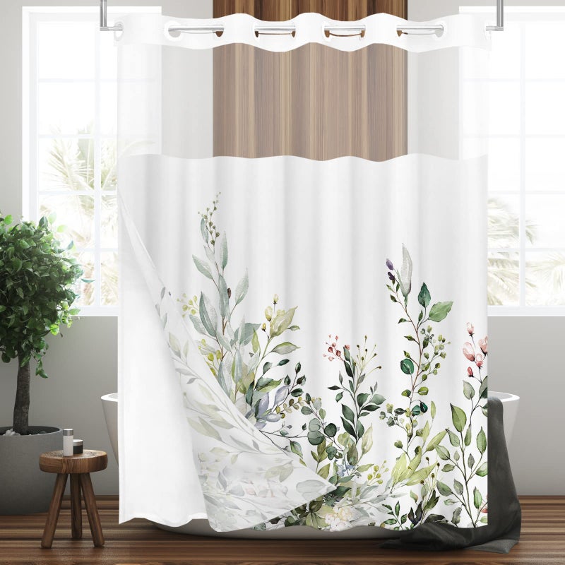 Tititex No Hooks Snap in Liner Green Eucalyptus Leaves Shower Curtain Sets, Hotel Luxury Double Layers Waterproof Fabric & See-Through Top Window Bathroom Decorative 72x72 Inch - Image 2