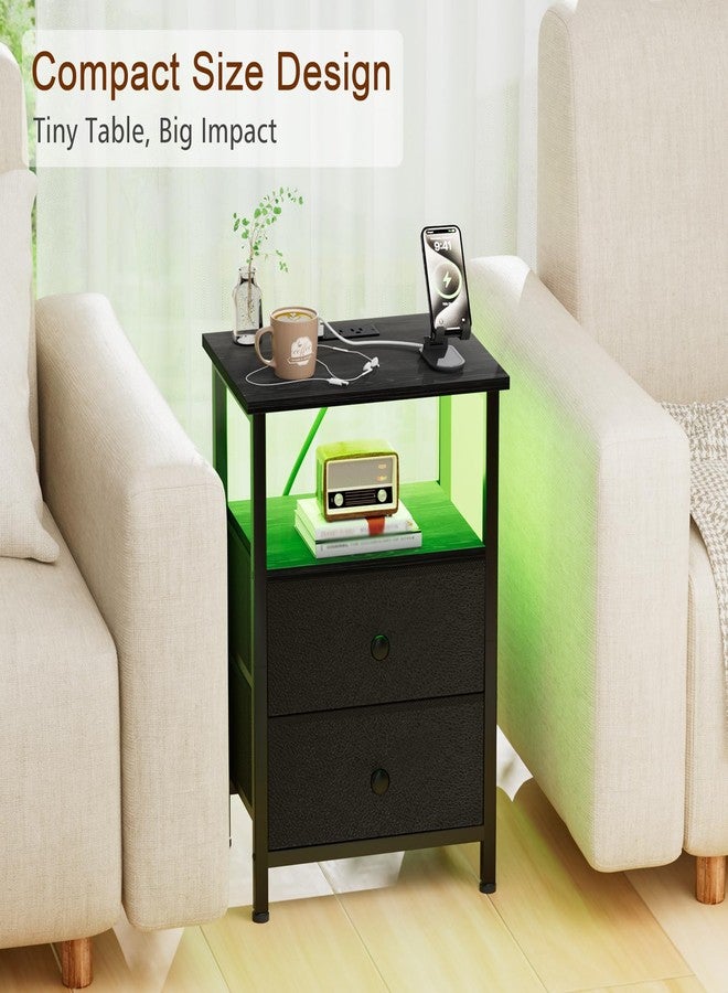 LOAKEKEL LED Night Stand with Charging Station, Small Bedside Table with USB Ports & Outlets, 2 Fabric Storage Drawers with PU Finish for Bedroom, Black, HETS02BK-1 - Image 5
