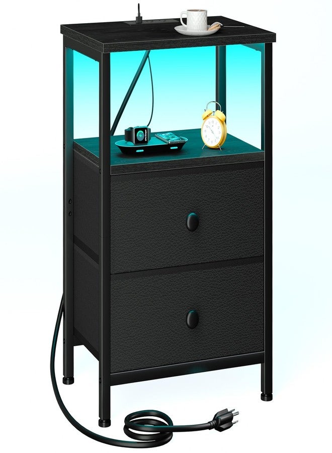 LOAKEKEL LED Night Stand with Charging Station, Small Bedside Table with USB Ports & Outlets, 2 Fabric Storage Drawers with PU Finish for Bedroom, Black, HETS02BK-1 - Image 1
