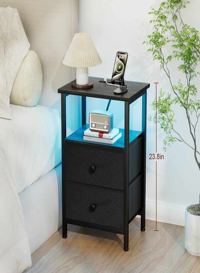 LOAKEKEL LED Night Stand with Charging Station, Small Bedside Table with USB Ports & Outlets, 2 Fabric Storage Drawers with PU Finish for Bedroom, Black, HETS02BK-1 - Image 2