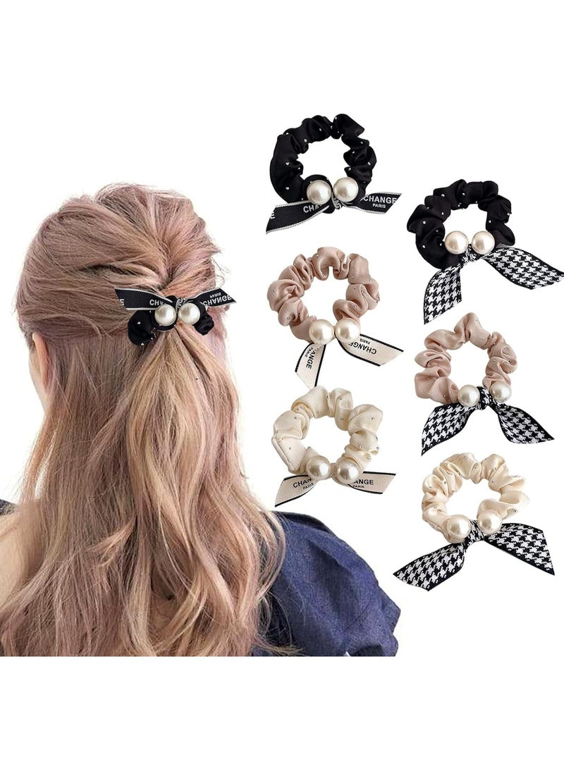 Pearl Hair Ties, 6Pcs Rabbit Bunny Ear Scrunchies, Fabric Rubber Band Bow Hair Ties, Pearl Bow Hair Scrunchies, for Women Bow Ponytail Holder Hair Accessories, for Girls(B#) - Image 1