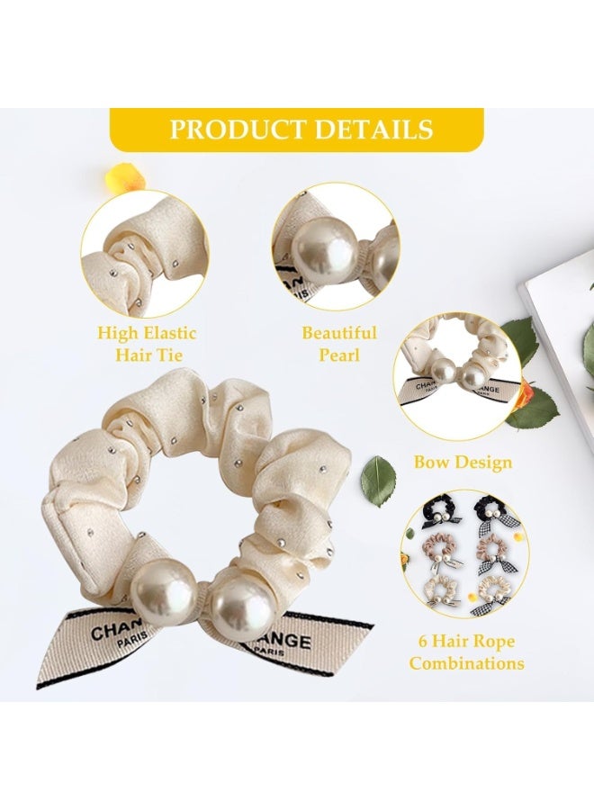Pearl Hair Ties, 6Pcs Rabbit Bunny Ear Scrunchies, Fabric Rubber Band Bow Hair Ties, Pearl Bow Hair Scrunchies, for Women Bow Ponytail Holder Hair Accessories, for Girls(B#) - Image 4